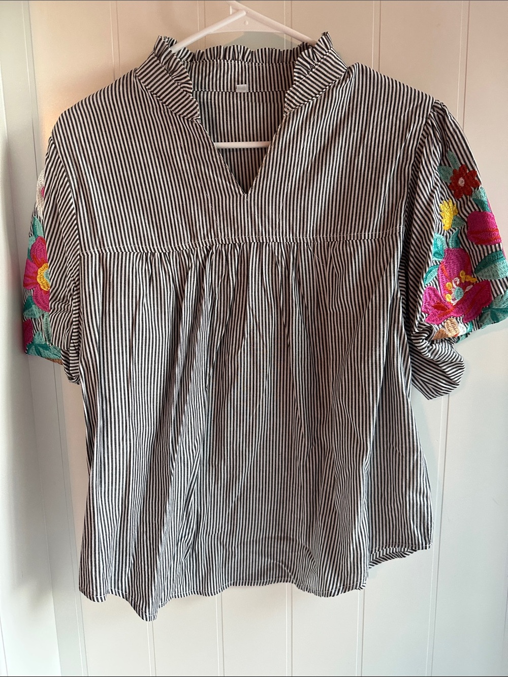 Striped V-Neck mandarin collar Peasant Top with Embroidered Floral Sleeves